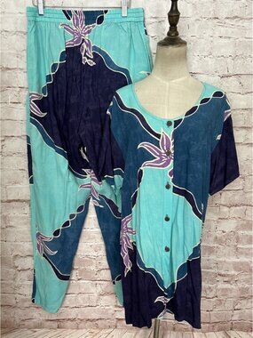 Bali Batiks Resortwear Floral Short Sleeve 2 pc Set Tunic Pant Turquoise Navy XL